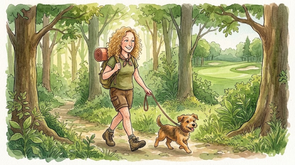Watercolour of Andrea hiking a forest trail with a puppy