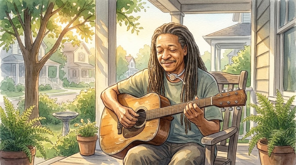 Watercolour of Ben playing guitar on a porch