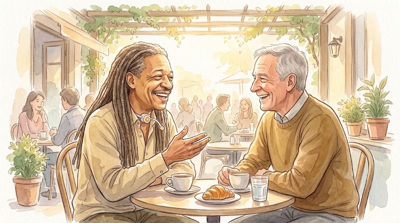 Watercolour of Ben laughing and talking with an old friend at a sunny cafe table, his voice back