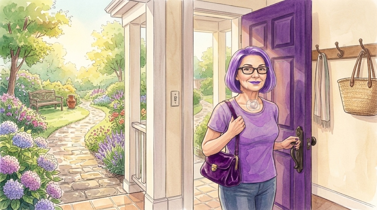 Watercolour of Tracey, with her purple hair, heading out the door